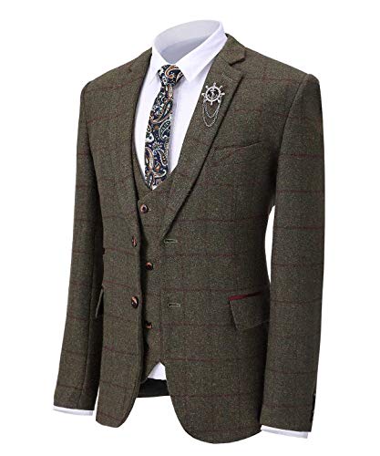 Mens Plaid Tweed Wedding Suit Premium Prom Tuxedos 3 Pieces Notch Lapel Tailored Fit Blazer3