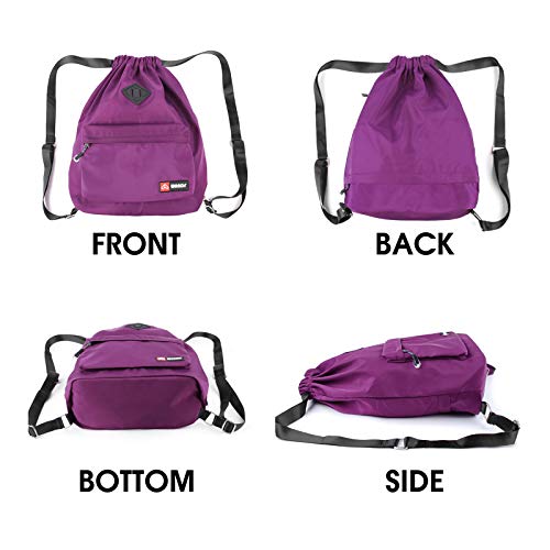 WANDF Drawstring Backpack with Shoe Pocket, String Bag Sackpack Cinch Water Resistant Nylon for Gym Shopping Sport Yoga (Purple with shoe pocket)