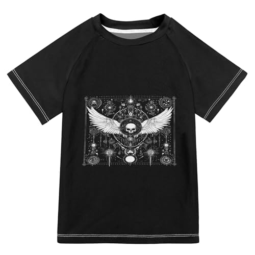 Evil Skull Black Gothic Kids Bathing Suits Girls Short Sleeves Rash Guard Swimsuit Swimwears Beach Tops for Big Boy 7-8Y
