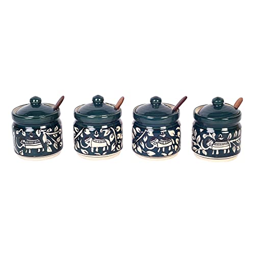 Image of AAKRITI ART CREATIONS Jungle Elephants Pickle Barni Set of 4 with Spoon | Ceramic Achar ki Barni & Mukhwas Box | Handcrafted Madhubani Storage Jar for Spice, Pickle & Chatni