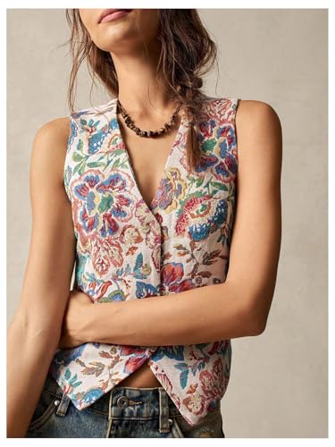GORGLITTER Women's Floral Jacquard Boho Vest Blazer Western Sleeveless Button Up Cardigan Cowgirl Outfits 20254