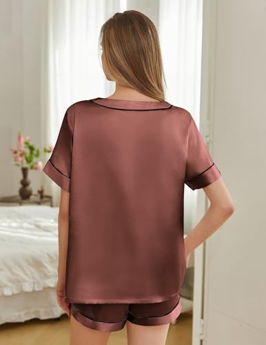 Image of Silk Pajamas for Women Short Sleeve Satin 2 Piece Pj Set Soft V Neck Sleepwear Loungewear, S-XXL