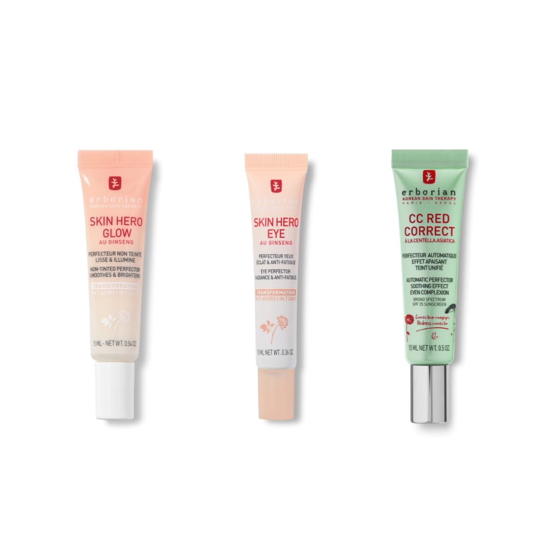 Erborian – Set mit 3 Produkten: 1 CC Red Correct Anti-Redness Getönte Creme – Grün + 1 Untinted Skin Perfecting Facial – Pink + 1 Untinted Eye Perfector – Nude – Korean Cosmetics