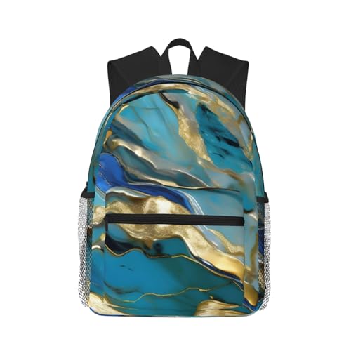 BREAUX Azurite Teal And Foil Gold Oil Marble Pattern Print Lightweight And Comfortable Duffel Bag, Casual Daypack, Multipurpose Backpack