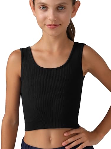 Girls Tank Tops Double Lined Ribbed Knit Crop Tops 2 Pack Basic Sleeveless Athletic Round Neck Dance Top