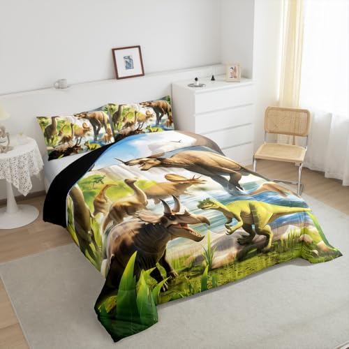 Image of Feelyou Dinosaur Dino Jungle Comforter Set Full Size Boys Girls Bedding | Children Wild Animal 3d Print All Season Breathable Soft Duvet Set Quilt Set Room Decor Microfiber 3Pcs Warm Cozy Lightweight