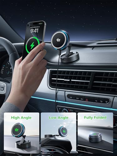 Image of THREEKEY Qi2 25W Certified Magnetic Car Mount Charger Lite with Cooling Fan&LED Light, 360 Rotating Fast Wireless Charger & Phone Holder for iPhone 17-12, Galaxy S25-S26 | 30W Adapter Included