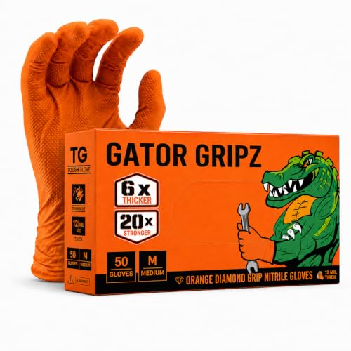 TG TOUGH GLOVE Gator Gripz (M) - Orange Nitrile Gloves (Pack Of 50) | Heavy-Duty Chemical & Oil Resistant Powder & Latex Free Ambidextrous 12 Mil Thickness