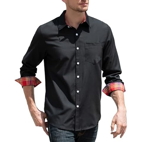 SANGTREE Mens Casual Long Sleeve Dress Shirt Black Button Down Shirt with Plaid Colla, L Cover