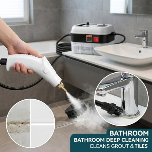 Image of Foandbevi 1200W Handheld Steam Cleaner with 6 Adjustable Levels, 105℃ High-Pressure Portable Steam Cleaning Machine for Car Detailing, Tile Grout, Couch, Mattress, Bed & Home - 6 in 1 Attachments