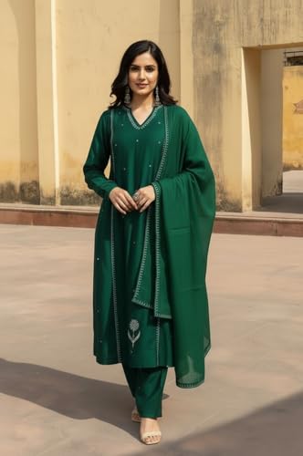 Image of ANNI Designer Women Ethnic Kurta Pant Set Rayon Viscose Straight Fit Solid Embroidered Dupatta Traditional Indian Wear Outfit Suitable Casual Festive Office Styling