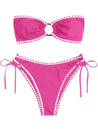 Image of ZAFUL Women's Bandeau Bikini O Ring Strapless Tie Back High Cut Two Piece Swimsuit Bathing Suits