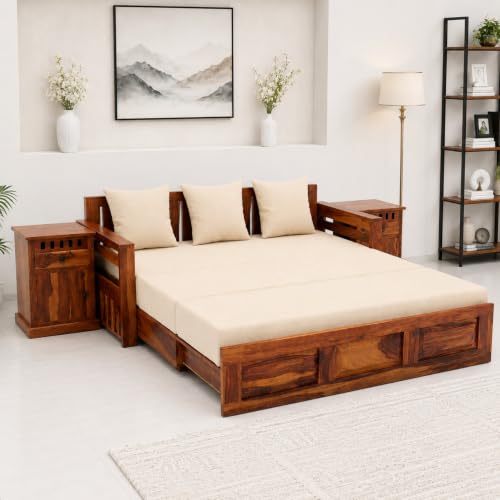 Image of SONA ART & CRAFTS Regal Sheesham Wood 3 Seater Sofa Cum Bed with Bedside | Wooden 3 Seater Sofa for Living Room Wooden Furniture Sofa Bed for Home (Natural Finish)