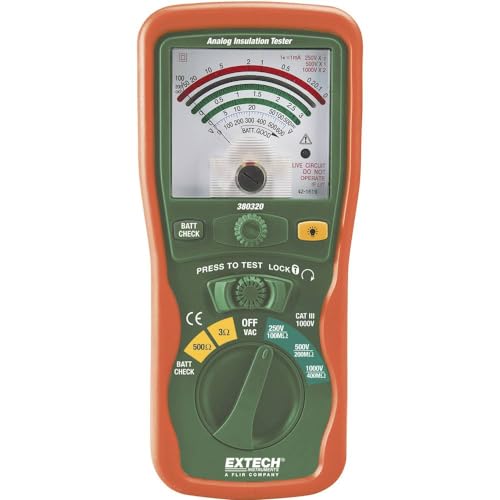 Image of Extech 380320 Analog Insulation Tester - Megohmmeter for 250V, 500V, and 1000V Test Voltages - Measures Resistance to 400MOhm - Large Dial Display, Hard Case Included - Handheld | Insulation to 400 MOhm, analog dial, lock power-on, AC volts to 600V, hard case, leads, batteries