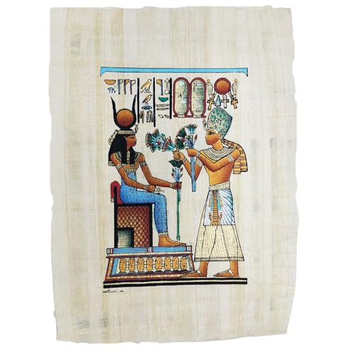 Papiro egipcio auténtico hecho a mano: pintura de Ramsés II y Hathor de 22x33 cm