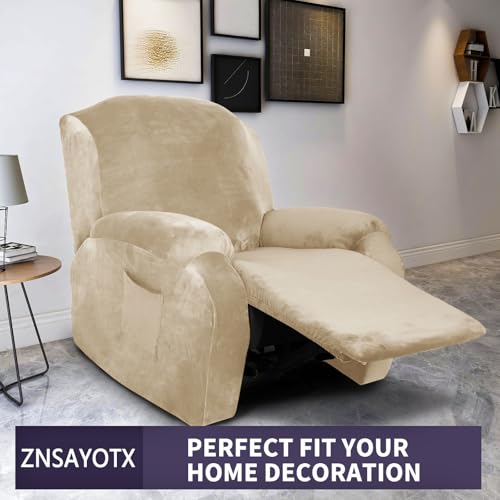Image of ZNSAYOTX Stretch Velvet Recliner Cover 4-Pieces, Thick Soft Recliner Chair Slipcover with Pocket, Non-Slip Elastic Bottom for Kids Pets, Luxury Plush Reclining Protector Comfy Washable (Camel)