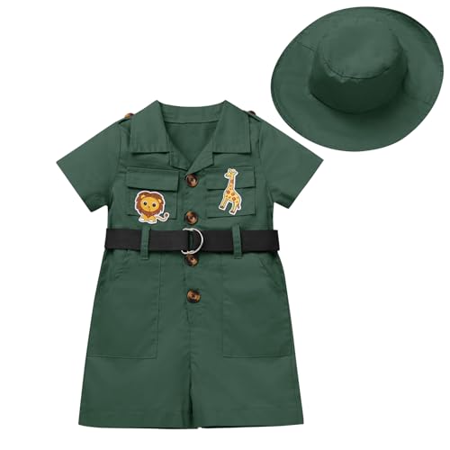 Infant Baby Girl Boy Safari Outfits One Piece Wild Animal First Birthday Jumpsuit with Hat Toddler Zookeeper Clothes