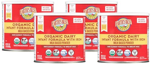 Image of Earth's Best Organic Baby Formula for Babies 0-12 Months, Powdered Dairy Infant Formula with Iron, Omega-3 DHA, and Omega-6 ARA, 21 oz Formula Container (Pack of 4)