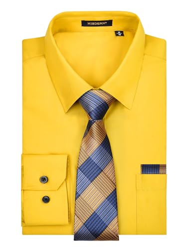 Image of HISDERN Mens Dress Shirt with Tie Pocket Square Set Classic Button Down Shirt Matching Tie Long Sleeve Shirts