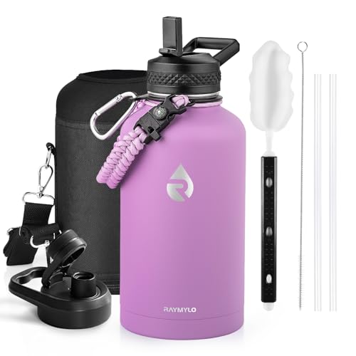 Image of RAYMYLO Insulated Water Bottle 64 oz, Triple Wall Vacuum Stainless Steel (Cold for 48 Hrs), Leak Proof & Non-BPA, Half Gallon Water Flask Jug with Paracord Handle & Straw Spout Lids, Lilac