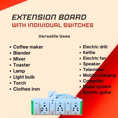 Image of 3 Way Electric Extension Board with Individual Switch Heavy Duty Long Cord (Max. Rating 1200W- 230V) PVC Green-White (10 Meter Cord)
