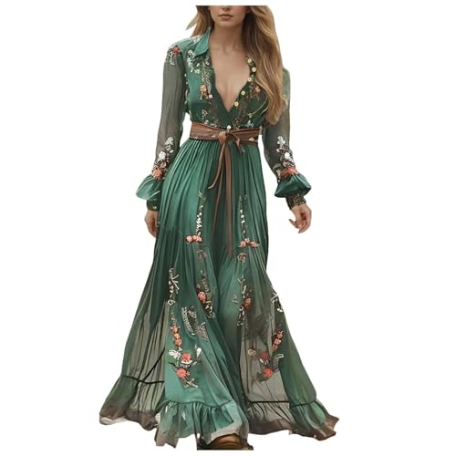 Vintage Floral Embroidered Button Up Maxi Dress for Women Sexy Deep V Neck Long Sleeve 2025 Flowy Western Cowgirl Dresses