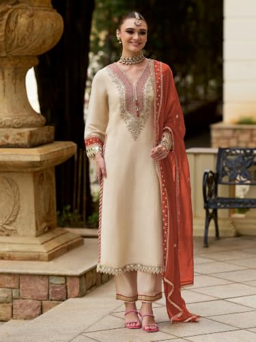 Image of INDO ERA Women's Silk Blend Embroidered Sequins Work Straight Kurta & Pant with Dupatta Set | Kurta Sets For Woman
