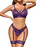 Avidlove Sexy Lingerie Set for Women with Garter Belt Strappy Push Up 3 Piece Garter Purple