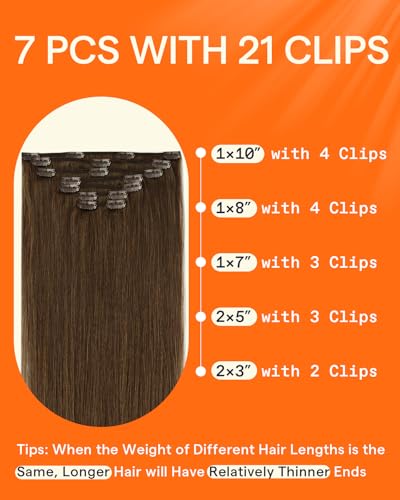 Image of Full Shine Human Hair Clip in Extensions 14 Inch Brown | Clip in Hair Extensions Real Human Hair, Straight Medium Brown Hair Extensions for Women, 7 Pcs 120g