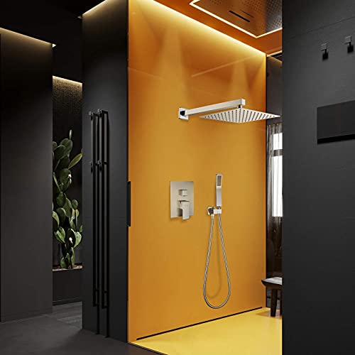 Casavilla 10 inch Shower Faucet, Bathroom Shower System Square Stainless Steel Rain Shower Head with Handheld Spray, Dual-Function Shower Trim Kit with Rough-in Brass Valve, Brushed Nickel