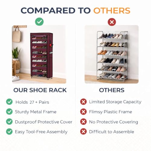 Image of Metal Shoe Stand with Cover, 9 Tier Shoe Organiser for Home & Office - Maroon