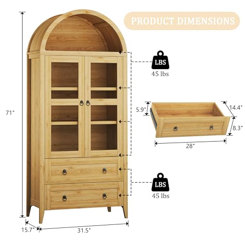 HUAHUU 71" Tall Pantry Cabinet, Arched Cabinet, Kitchen Storage Cabinets with 2 Large Drawers & Adjustable Shelves & Glass Door for Living Room, Kitchen, Dining Room, Natrual
