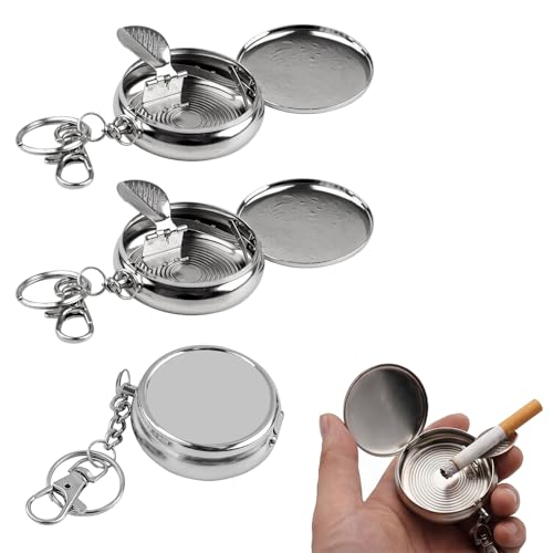 BLPRKOT 3 Piezas Cenicero Portátil de Bolsillo, Mini Cenicero Redondo para Exterior, Viaje y Coche, Cenicero Pequeño Metálico con Tapa, Accesorios para Fumadores, Color Plata, 5x5x1.7cm