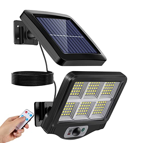 KingThai Solar Outdoor Lights Motion Sensor,150 Bright LED Wired Security Solar Powered Flood Lights with Remote Control, 17Ft Cable, IP65 Waterproof Wide Angle Flood Wall Lights, with 3 Modes,1 Set