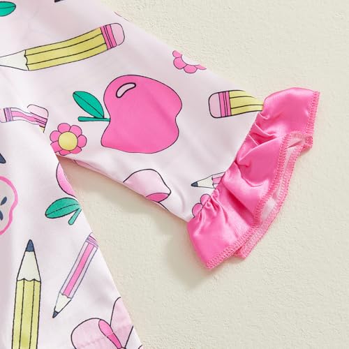 Toddler Girls Back to School Silk Pajamas Long Sleeve Apple Pencil Bow Print Shirt + Pants First Day of School Outfit4