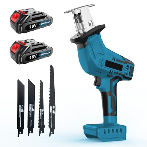 Akku Reciprosäge 18V mit 2x 3000mAh Akku & Ladegerät – Kabellose Säbelsäge mit variabler Drehzahl (0-3500 SPM), 4 Sägeblätter, LED-Leuchte– für Holz, Metall, PVC-Rohr & Baumschnitt