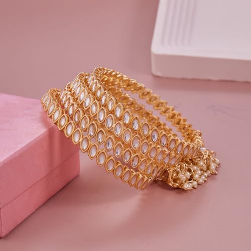 Image of Gold Plated Kundan Bangle Set for Women | Teardrop Stone Bangles with Pearl Beaded Latkan Charm Ethnic Wedding Jewellery | Bangle Set of 4 for Women & Girls