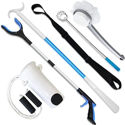 6-Piece Hip Knee Replacement Kit - Grabber, Sock Aids, Long Shoehorn&Dressing Stick, Leg Strip, Extendable Back Scratcher, Bath Sponge for Recovering from Hip Replacement, Knee or Back Surgery