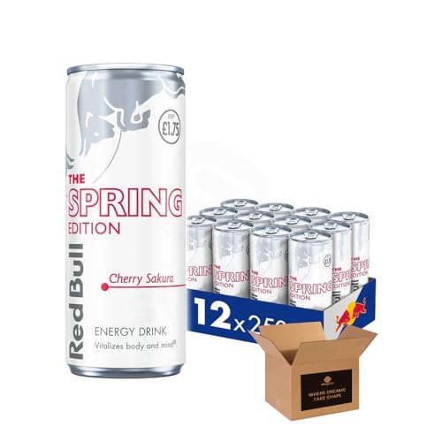Shopior Energy Drink Can Original Sugarfree Zero & Flavoured Editions Bulk Packs | Caffeine Energy Drinks for Gym Game & Work (Red Bull Cherry Sakura PM 1.75-250ml - Pack 12)