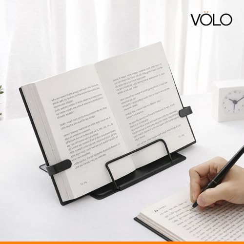 Image of VOLO Book Stand - Adjustable Foldable Metal Book Stand Holder, Stable Hands Free Reading, Portable Desktop Book Holder for Cookbooks Textbooks Sheet Music | Black