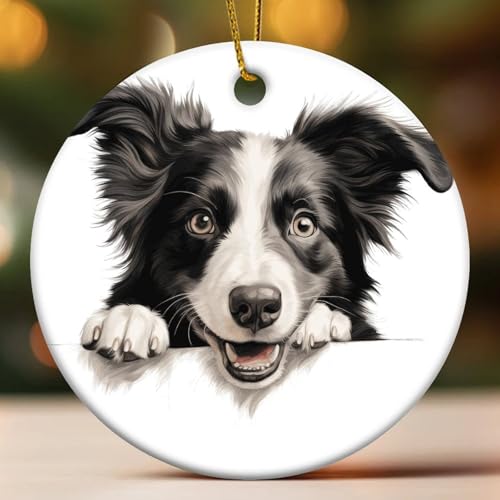 Peeking Border Collie Weihnachtsbaumschmuck Hund und Katze Liebhaber Tier Rund Porzellan Anhänger Keramik Porzellan Hängende Weihnachtskugel Geschenk für Urlaub Weihnachtsbaum Party Dekorationen