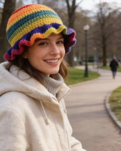 Image of Women Crochet Bucket Hat Cute Winter Ruffled Brim Floppy Cap Handmade Knit Cloche Hats