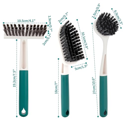 Image of Xicennego 3 Pack Kitchen Cleaning Brush Set,1 Pot and Dish Cleaning Brush with Long Handle,1 Kitchen and Bathroom Brush with Scraper Strip, 1 Hard-Bristled Brush for Sink, Countertops, Tiles(Green