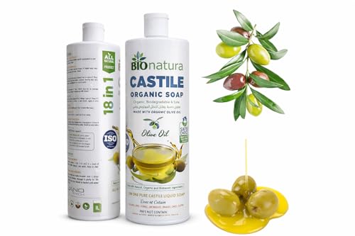BioNatura Castile Organic Liquid Soap with Organic Olive Oil 18-in-1 Multipurpose Soap Natural & Biodegradable Vegan Non-Toxic Sulfate & Paraben Free Face Body Hair & Household Cleaner 1L