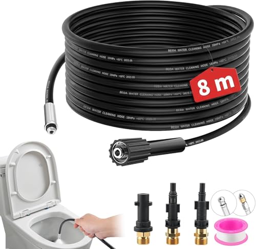 8m Manguera Desatascadora, Desatascador de Tuberías de 400 Bar/5800 PSI con 3 Adaptadores, 2 Boquillas y 1 Cinta de Teflón, Compatible con Kärcher K2-K7, Lavor, Bosch, Parkside para Uso Doméstico