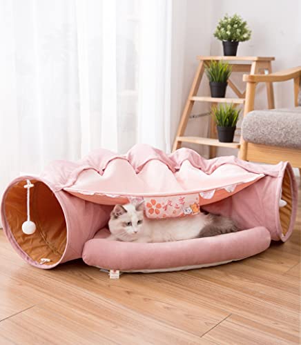 Image of 2 in 1 Cat Tunnel Bed Tube with Cushion and Plush Ball Toy Playground Crinkle Collapsible for Large Cats Kittens Kitty Puppy Small Dog Foldable Soft Pet Play Bed Indoor Outdoor- Pink Cat Tunnel Bed