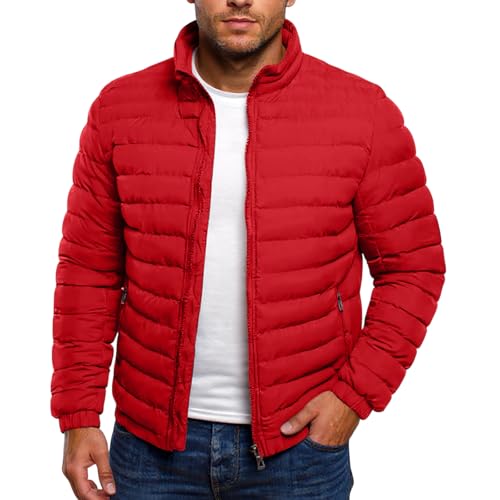 Genérico Plumas Hombre Invierno Color Liso, Plumon Hombre De Cremallera Sin Capucha Cuello Mao, Plumíferos Senderismo - Chaquetas Montaña Trekking - Rojo XL
