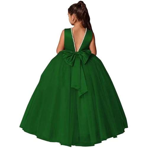 Flower Girls Dresses for Wedding Satin Tulle Pageant Princess Prom Ball Gowns with Pearls and Bow-Knot