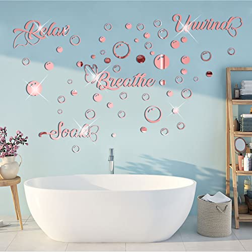 60 Pieces 3D Acrylic Mirror Wall Stickers Decor, Bathroom DIY Removable Mirror Wall Decals Sticker Decor Circle Bubbles for Bathroom Bedroom Living Room Home Decoration (Pink)