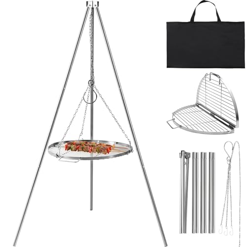 Lineslife Campfire Tripod Grill for Cooking Durable Stainless Steel Camping Fire Tripod Grill with Round Grate and Carrying Bag for Outdoor BBQ Silver